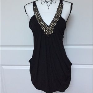 Caren Sport Black Beaded Neckline Blouse Size L/XL